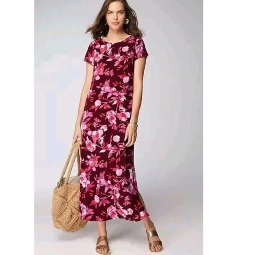 NWT J.Jill Watercolor Floral Maxi Dress Size XS Pink Cranberry Cap Sleeve